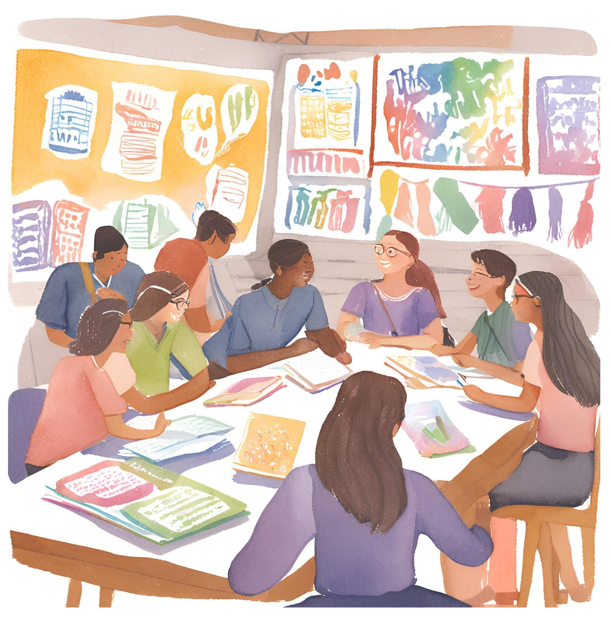 Watercolor illustration of students collaborating around a table with artwork on classroom walls