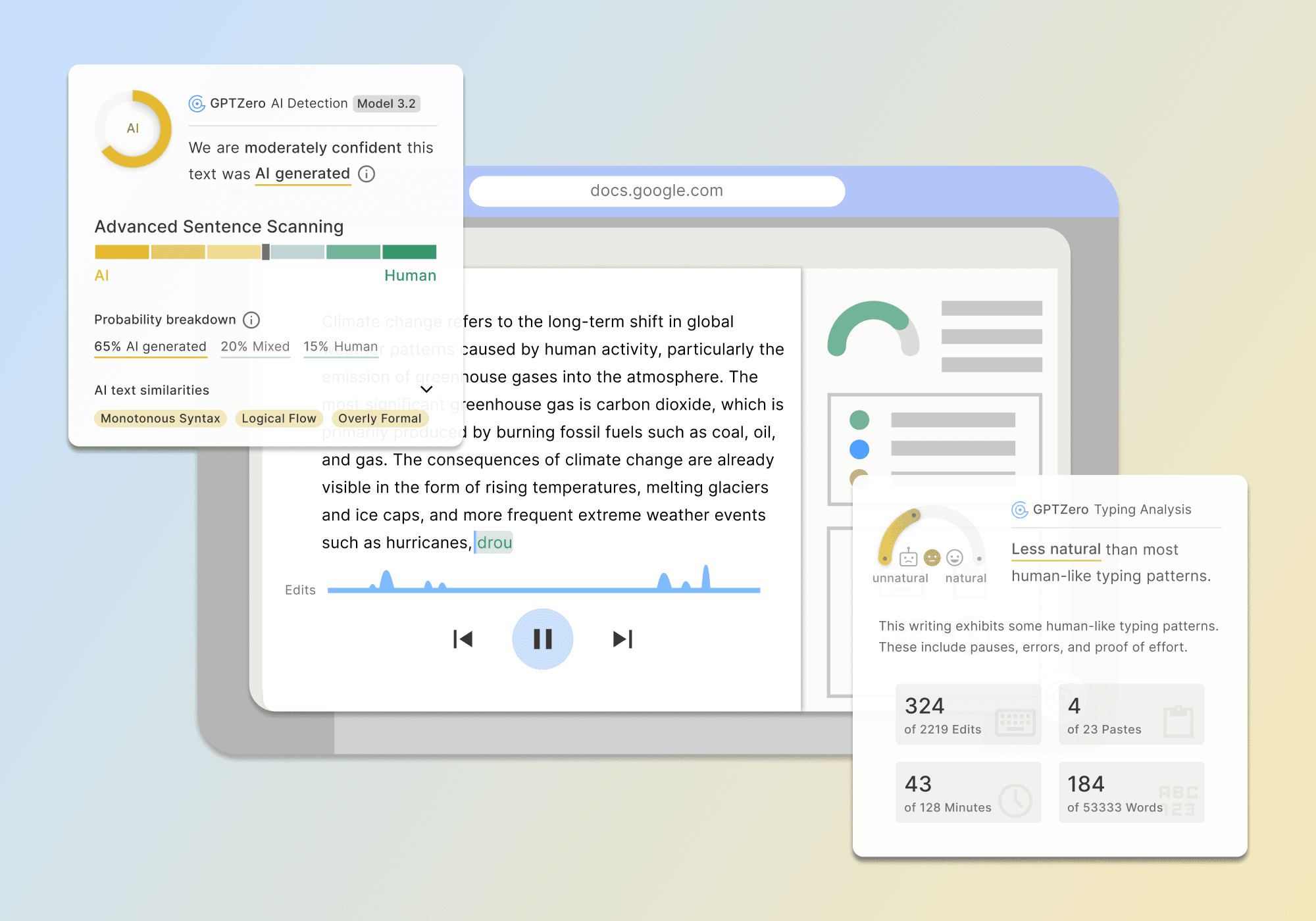 GPTZero AI detection interface showing sentence scanning, probability breakdown, and typing analysis alongside a Google Docs essay