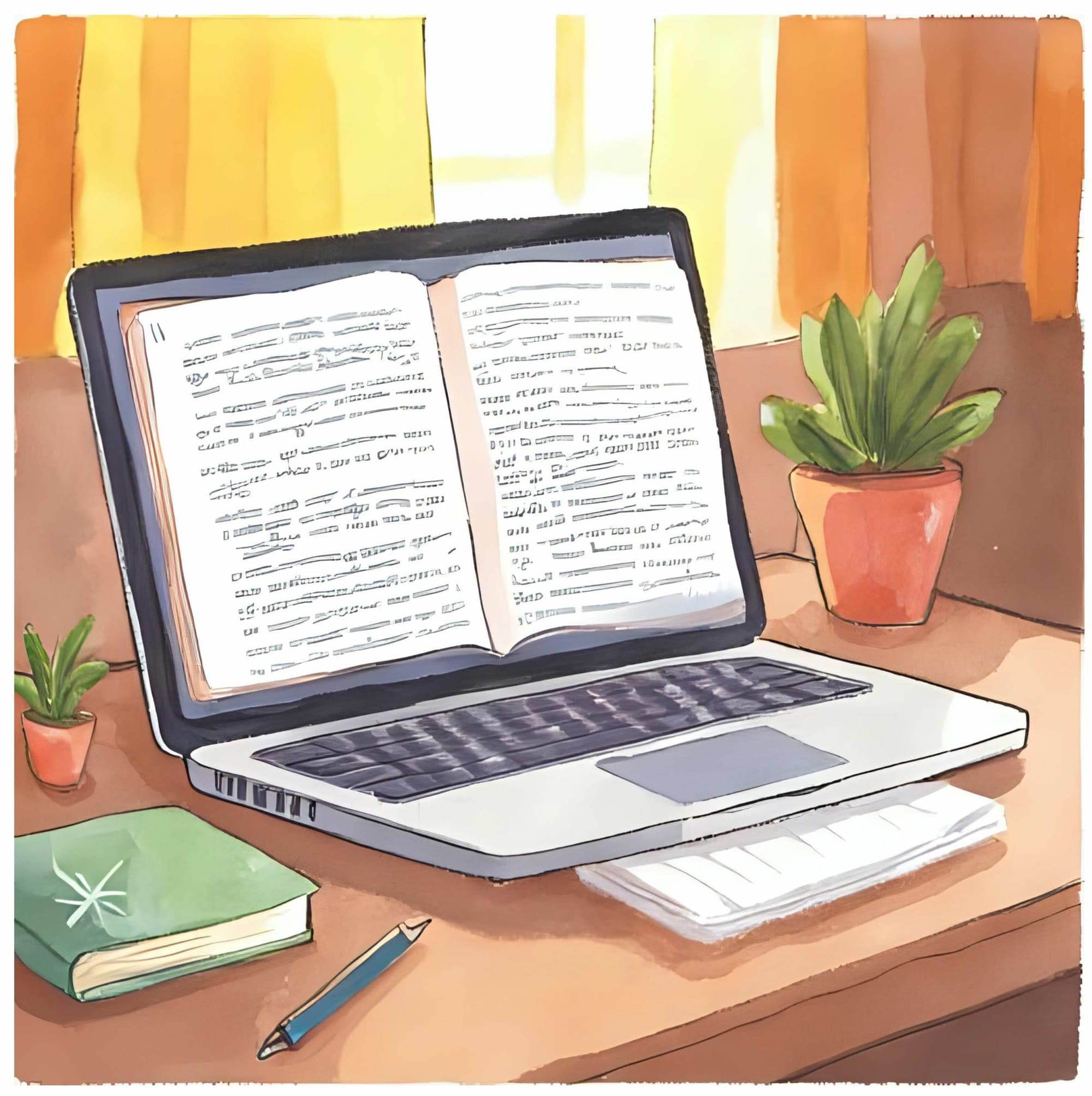 Watercolor illustration of an open book displayed on a laptop screen on a home desk