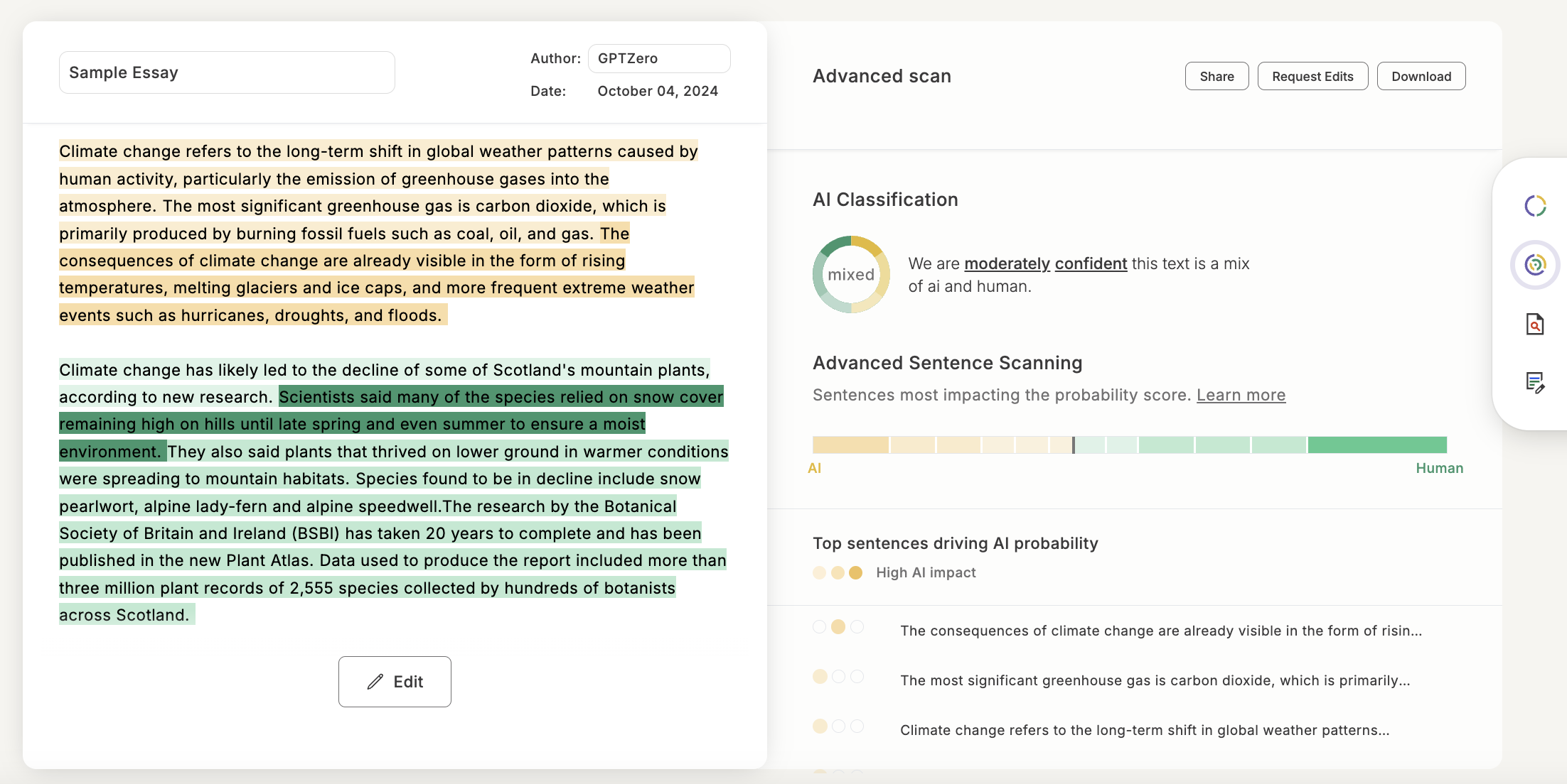 AI Detection GPTZero Advanced Scan