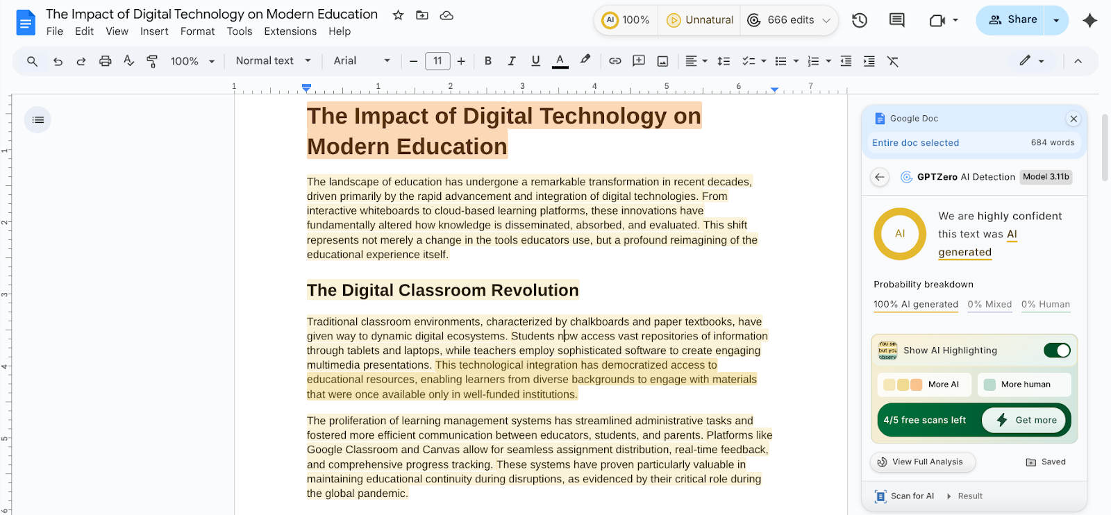 Best AI detector of Chrome extension, GPTZero, correctly detecting content as 100% AI-written.