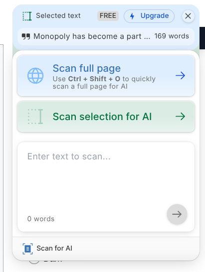 GPTZero AI scanning options in its Chrome extension.