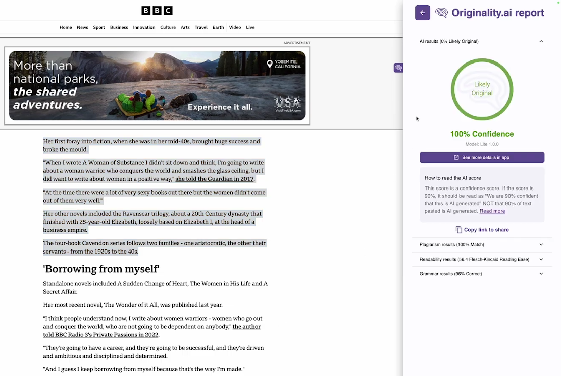 Originality AI Chrome extension detecting content as 100% human-written.