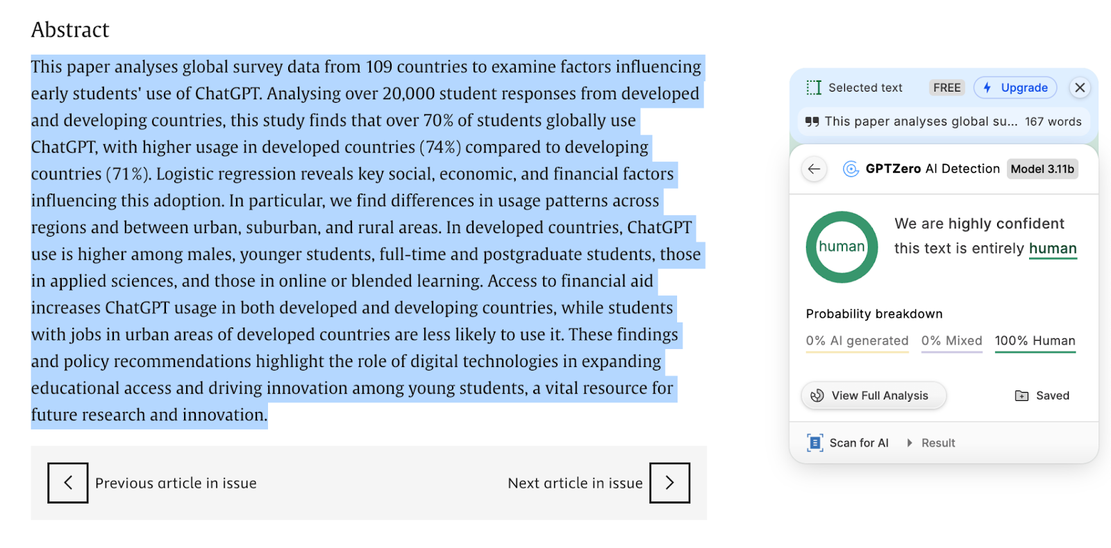 GPTZero correctly detecting the text as 100% human-written.