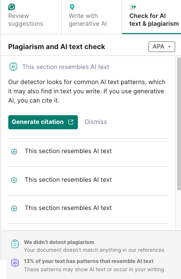 Grammarly AI Chrome extension performing AI detection and plagiarism checking.