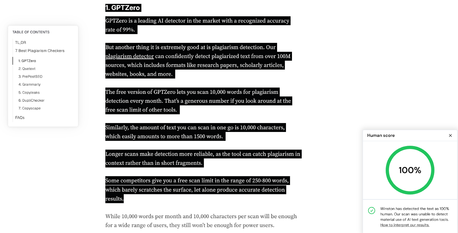 Winston AI Chrome extension detecting content as human.