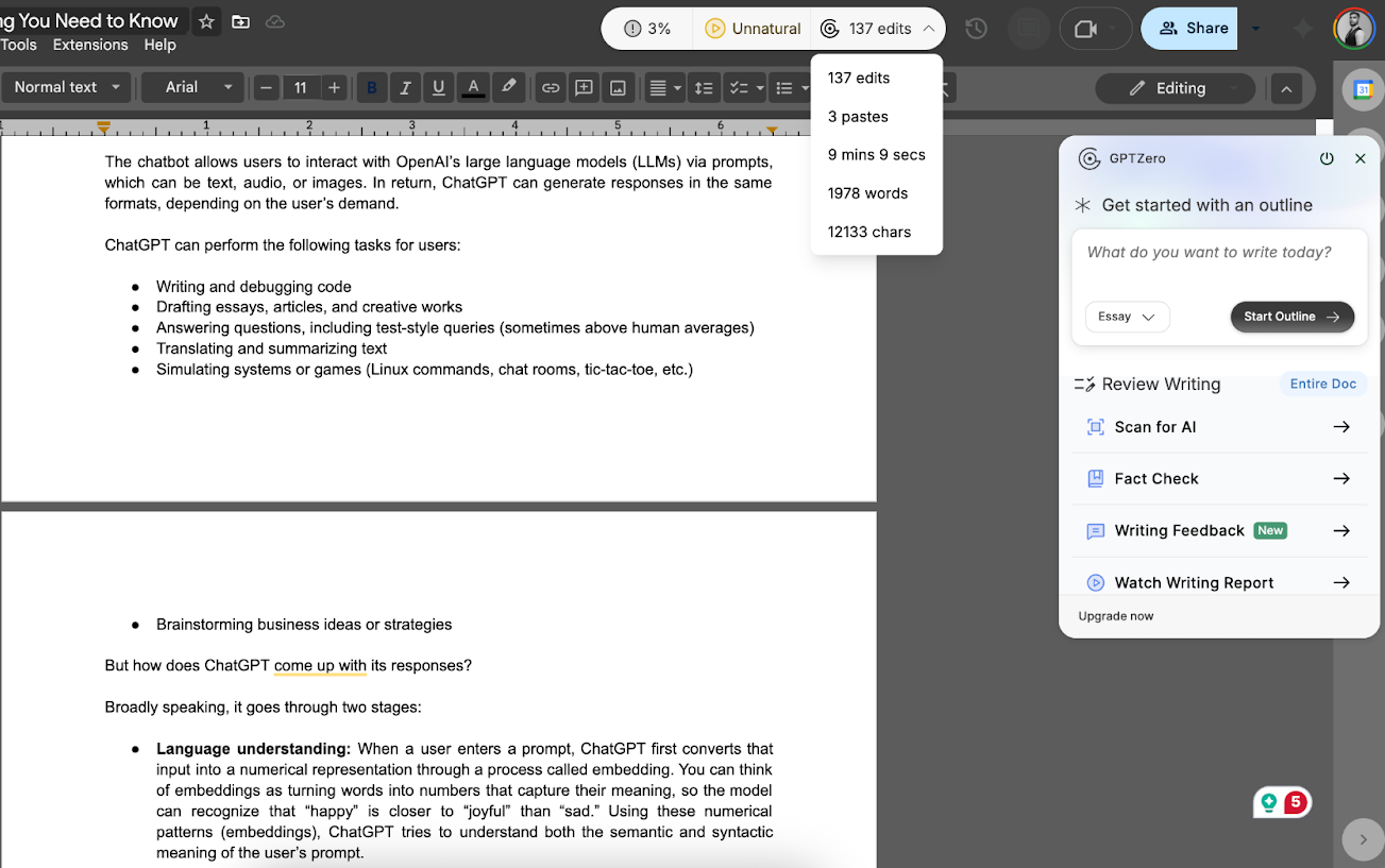 GPTZero's chrome extension scanning the Google document.