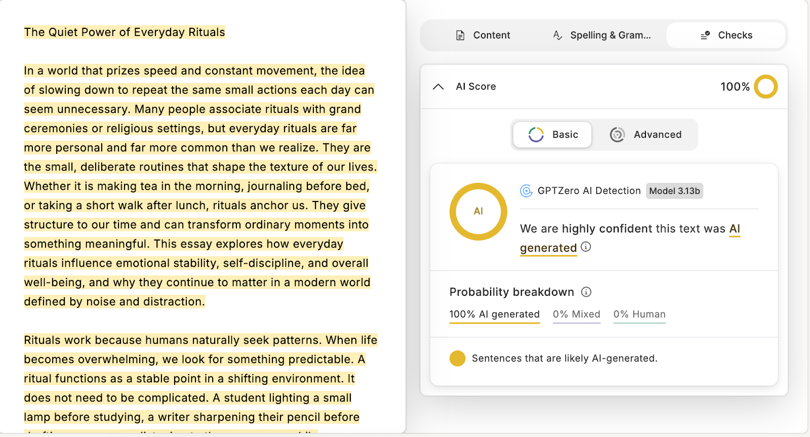 GPTZero AI grader successfully detection ChatGPT generated essay as 100% AI written.